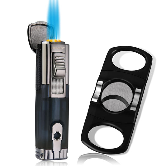 HONEST Cigar Lighter and Cutter Gift Set – Windproof Triple Jet Flame Butane Refillable Lighter with Built-in Cigar Punch