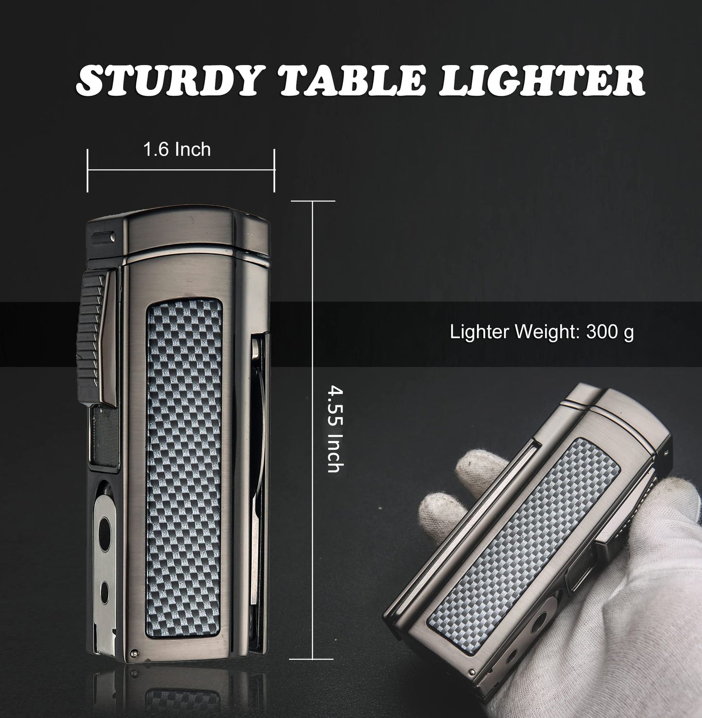 Large Table Cigar Lighter – Windproof Metal Torch with 4 Jet Red Flame, Refillable Butane, Cigar Punch, and Cigar Cutter Included