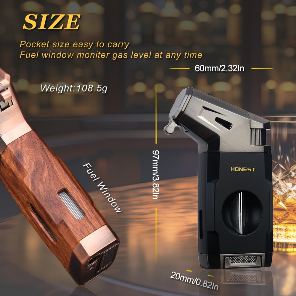 HONEST Refillable Torch Cigar Lighter – Windproof Jet Flame with Built-in V Cigar Cutter, Perfect Gift Box for Christmas, All-in-One Lighter for Smoking and Cigars