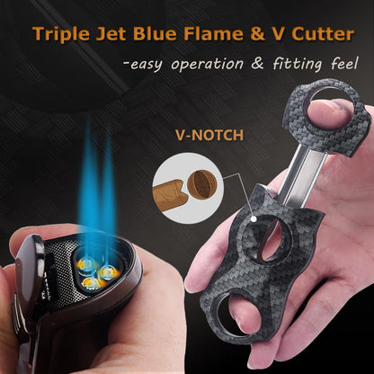 HONEST Triple Jet Torch Lighter with Built-in Punch and Visible Gas Window – Refillable, Adjustable Flame Intensity, Perfect for BBQ, Kitchen, Fireplace, and Candles – Ideal Gift for Men