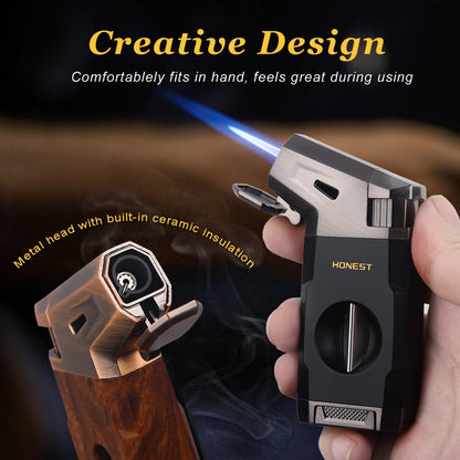 HONEST Refillable Torch Cigar Lighter – Windproof Jet Flame with Built-in V Cigar Cutter, Perfect Gift Box for Christmas, All-in-One Lighter for Smoking and Cigars