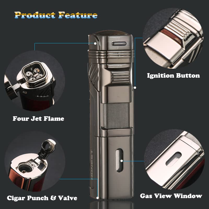 Honest Quadruple Jet Flame Torch Lighter - Refillable Butane Cigar Lighter with Cigar Punch and Gift Box