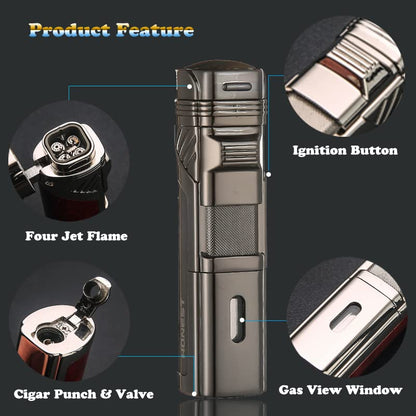 Honest Quadruple Jet Flame Torch Lighter - Refillable Butane Cigar Lighter with Cigar Punch and Gift Box