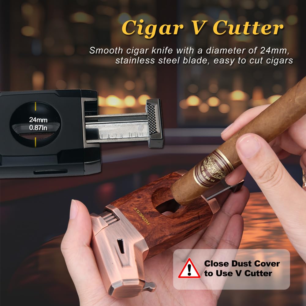 HONEST Refillable Torch Cigar Lighter – Windproof Jet Flame with Built-in V Cigar Cutter, Perfect Gift Box for Christmas, All-in-One Lighter for Smoking and Cigars