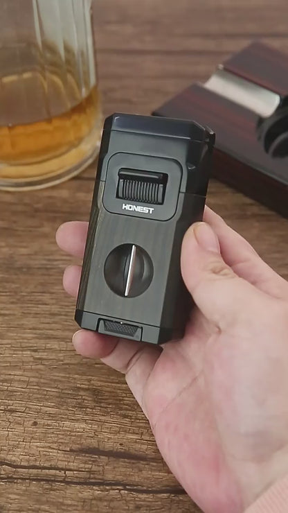 Honest All-in-One Windproof Outdoor Lighter with Dual Jet Flame Built-in Cutter, Butane Refillable and Flames Adjustable, Visible Gas Tank, Portable for Travel, Candle Lovers, Box Included